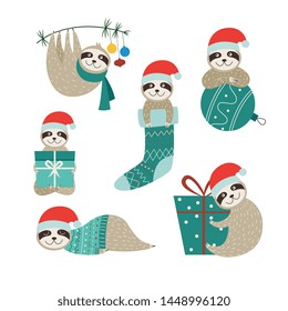 Set of Christmas sloths in different positions. Collection of cartoon baby animals in Santa hat sleeping, giving gifts, hanging from tree, isolated vector illustration on white background.