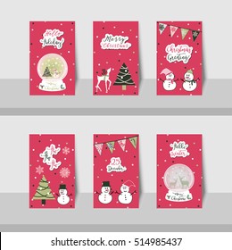 Set of Christmas small cards, greeting text with snowman, snowflakes, tree, snow globe and triangle flags in pink, green, grey, and white colors with pink background colors.