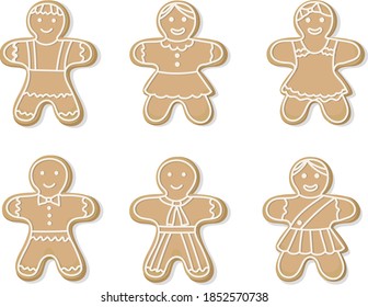 A set of Christmas smiling gingerbread men on a white background. sweet cookies, delicious baked goods for the holiday. Symbols of Happy New Year and Christmas. Vector flat illustration