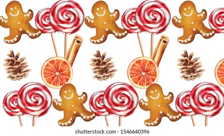 Set of christmas snacks with gingerbread cookie, lollipops, cinnamon sticks, orange slices and conifer cone. Holiday vector