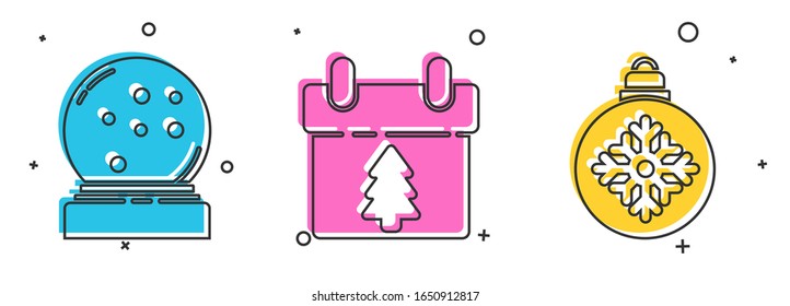 Set Christmas snow globe with fallen snow, Calendar and Christmas ball icon. Vector