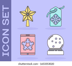 Set Christmas snow globe with fallen snow, Christmas star, Christmas on smartphone and snowflake and Price tag with an inscription Sale icon. Vector