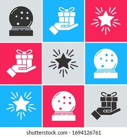 Set Christmas snow globe with fallen snow, Gift box in hand and Christmas star icon. Vector