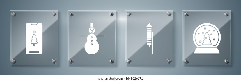 Set Christmas snow globe, Firework rocket, Christmas snowman and Smartphone with gift box. Square glass panels. Vector