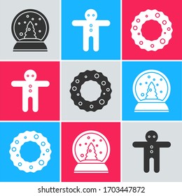Set Christmas snow globe, Holiday gingerbread man cookie and Christmas wreath icon. Vector