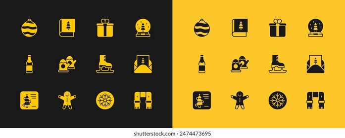 Set Christmas snow globe, Holiday gingerbread man cookie, Skates, Snowflake, mittens, Gift box, ball and book icon. Vector