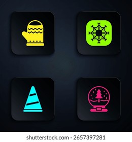 Set Christmas snow globe, mitten, Party hat and Snowflake. Black square button. Vector