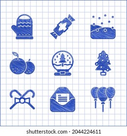 Set Christmas snow globe, party invitation card, Balloons with ribbon, tree, candy cane, Tangerine, Snowfall and mitten icon. Vector