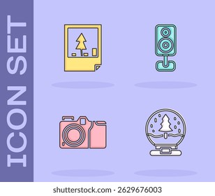 Set Christmas snow globe, postcard, Photo camera and Stereo speaker icon. Vector