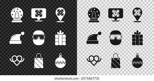 Set Christmas snow globe, Snowflake speech bubble, Pretzel, shopping bag, ball, Santa Claus hat and Ski goggles icon. Vector