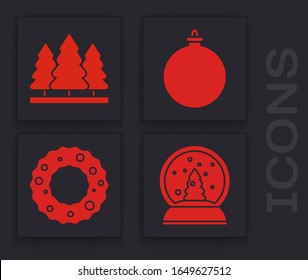 Set Christmas snow globe, Christmas trees, Christmas ball and Christmas wreath icon. Vector