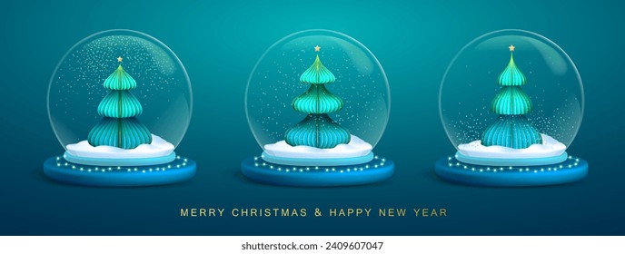 Conjunto de globos de nieve navideños con árbol de Navidad 3D. Feliz Navidad y feliz tarjeta de saludo de Año Nuevo. Ilustración del vector