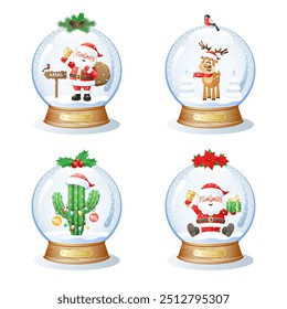 Set of Christmas snow globes with different Christmas scenes inside. Cute cartoon characters. Vector illustration.