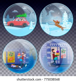 Set of Christmas snow globes: a men and his dog are preparing for Christmas. Vector