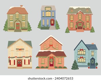 Set of Christmas snow houses. Collection of cute winter buildings. Snowy street. Cozy greeting banner. Happy holiday banner. Vector illustration of holiday card design.