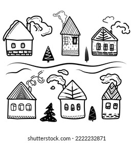 Set with Christmas snow houses in doodle style.