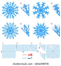 Set of christmas snowflake of different shape diy. Step-by-step instruction to make for paper origami toy. Tutorial for children. Isolated flat vector  image on transparent background