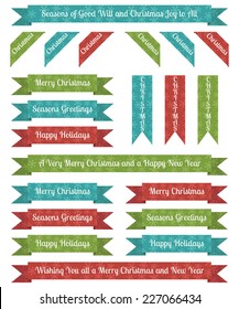 set of christmas snowflake ribbons with text in red green and blue, isolated on white