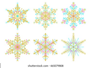 Set of Christmas snowflakes, colored on white background
