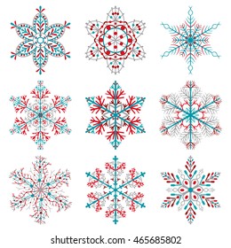 Set of Christmas snowflakes, colored on white background