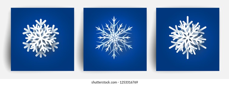 Set of Christmas snowflakes. Paper cut 3d design elements. Christmas papercut snow flake. Vector illustration.