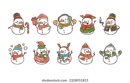 Set of christmas snowman character hand drawn illustration