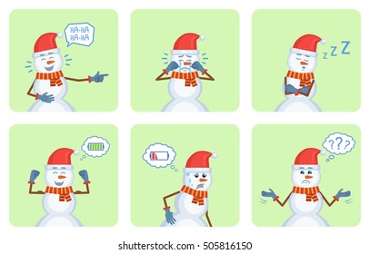 Set of Christmas snowman characters posing in different situations. Cheerful snowman laughing, crying, sleeping, thinking, tired, full of energy. Flat style vector illustration