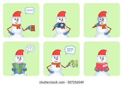 Set of Christmas snowman characters posing in different situations. Cheerful snowman holding mug of beer, photo camera, map, magnifying glass, reading a book. Flat style vector illustration