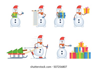 Set of Christmas snowman characters posing in different situations. Cheerful snowman holding gift box, scroll, carrying Christmas tree, pointing to presents. Flat style vector illustration