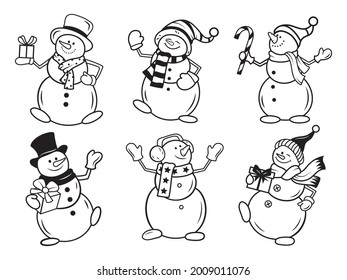 Set of Christmas snowman. Collection of funny stylized  snowmen in hats and scarfs. Fabulous character. Vector illustration of winter symbol. Drawing for children.