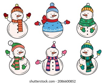 Set of Christmas snowman. Collection of funny stylized 
snowman in winter hats and scarves. Fairy characters. Vector illustrastion of holiday symbols. Drawing for children. 