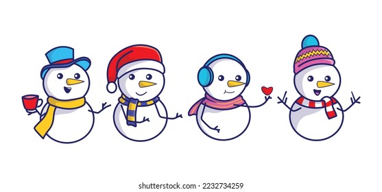 Set of Christmas snowman collection. Vector design for winter and christmas greeting card.