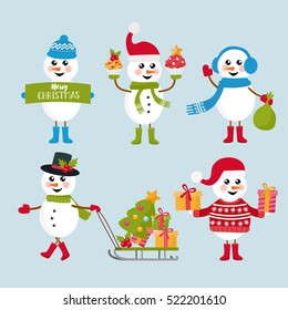 Set of Christmas snowman. Cute character in a holidays costumes. with cupcakes, banner and sleigh with gifts.