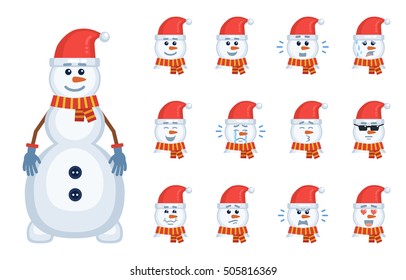 Set of Christmas snowman emoticons. Avatars of a snowman showing different facial expressions. Happy, sad, laugh, angry, tired, shocked, in love and other emotions. Flat style vector illustration