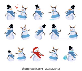 Set of Christmas snowman with joyful emotions, smile, happy eyes, face and arms. New Year festive decoration with kind expression