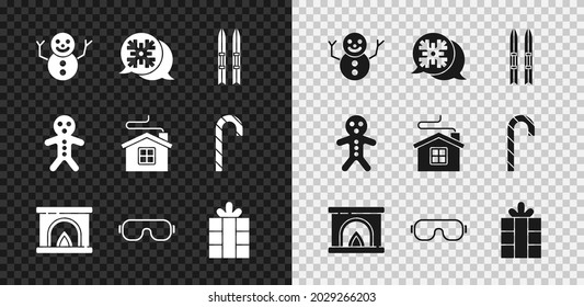 Set Christmas snowman, Snowflake speech bubble, Ski and sticks, Interior fireplace, goggles, Gift box, Holiday gingerbread cookie and Merry house icon. Vector