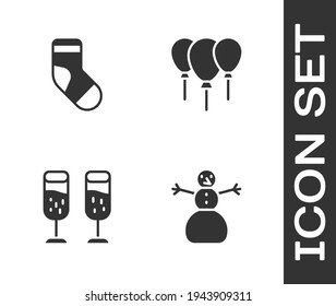 Set Christmas snowman, stocking, Glass of champagne and Balloons with ribbon icon. Vector
