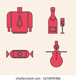 Set Christmas snowman, Christmas sweater, Champagne bottle and glass of champagne and Candy icon. Vector