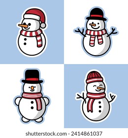 Set of christmas snowmans isolated on white and blue background. Cheerful snowmen in different costumes and scarf and hat.