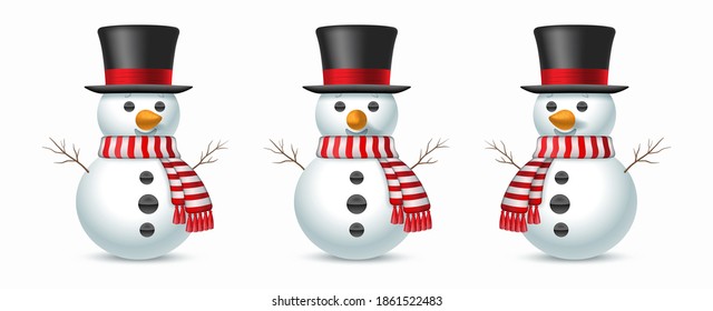 Set of Christmas snowmans with top-hat and striped scarf isolated on white background. Vector illustration.