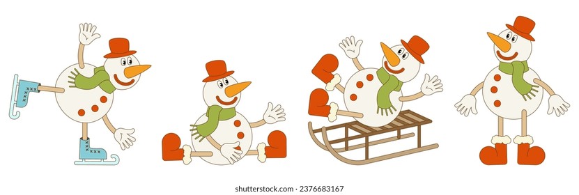 Conjunto de hombres de nieve navideños en diferentes poses. Ilustración vectorial en estilo retro de moda. Fondo blanco.