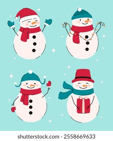 Set of Christmas snowmen in hats and scarves. Flat vector illustration.