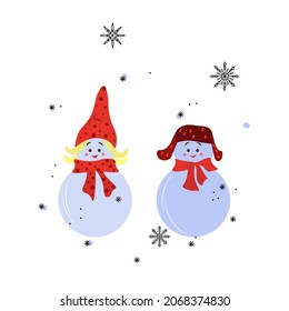 Set of Christmas snowmen, snowflakes, snow decor. Vector illustration for design in flat style, sketching.
