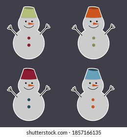 Set von Weihnachtsschneemannsaufklebern in mehrfarbigen Hüten einzeln auf weißem Hintergrund, farbige Vektorgrafik in flachem Stil, Clipart, Design, Dekoration, Symbol, Scrapbooking