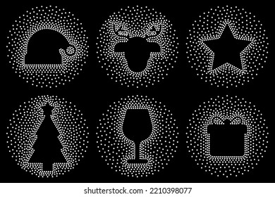 Set of Christmas snowy abstract vector halftone round frames with random dots. Texture, trendy retro effect, pattern, ornament, pattern. New year, Christmas tree, reindeer, wine glass, gift, hat, star