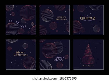 Set of Christmas social media post layouts. Season's greeting card design with geometric space style illustration. Purple Christmas card.