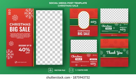 Set of christmas social media post template with photo collage. Red and green color with golden line. Usable for social media, banner and web internet ads. Flat design vector isolated.