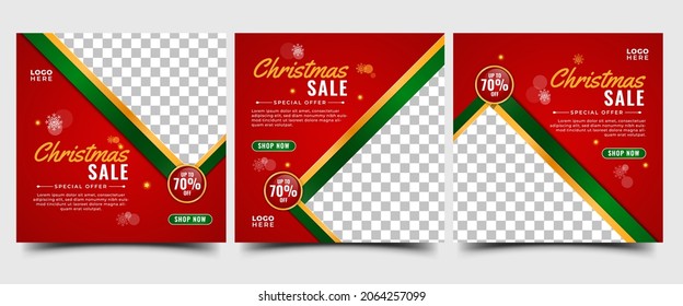 Set of Christmas social media post template design. Modern square banner with snowflakes illustration and place for the photo. Usable for social media, card, banner, and website.