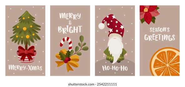 Set of Christmas social media template poster of vertical banners for stories, invitation in flat modern style. Cute illustration with gnome, candy cane, Christmas tree, poinsettia, text. 