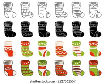 Set of christmas sock in flat style isolated